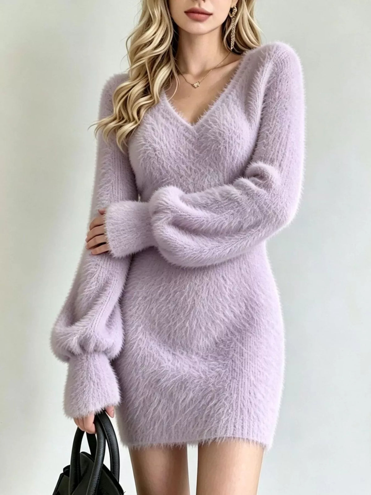 Fuzzy V-Neck Long Sleeve Sweater Dress - Lilac - View 13