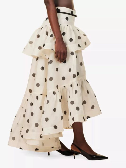Polka Dot Tiered Ruffle Skirt - Beige - View 2