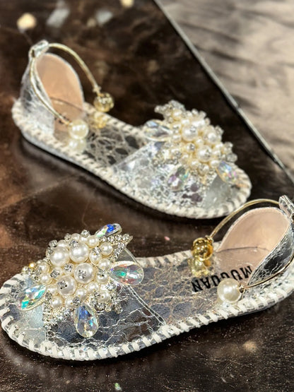 Pearl Embellished Flat Sandals - Gold - View 8