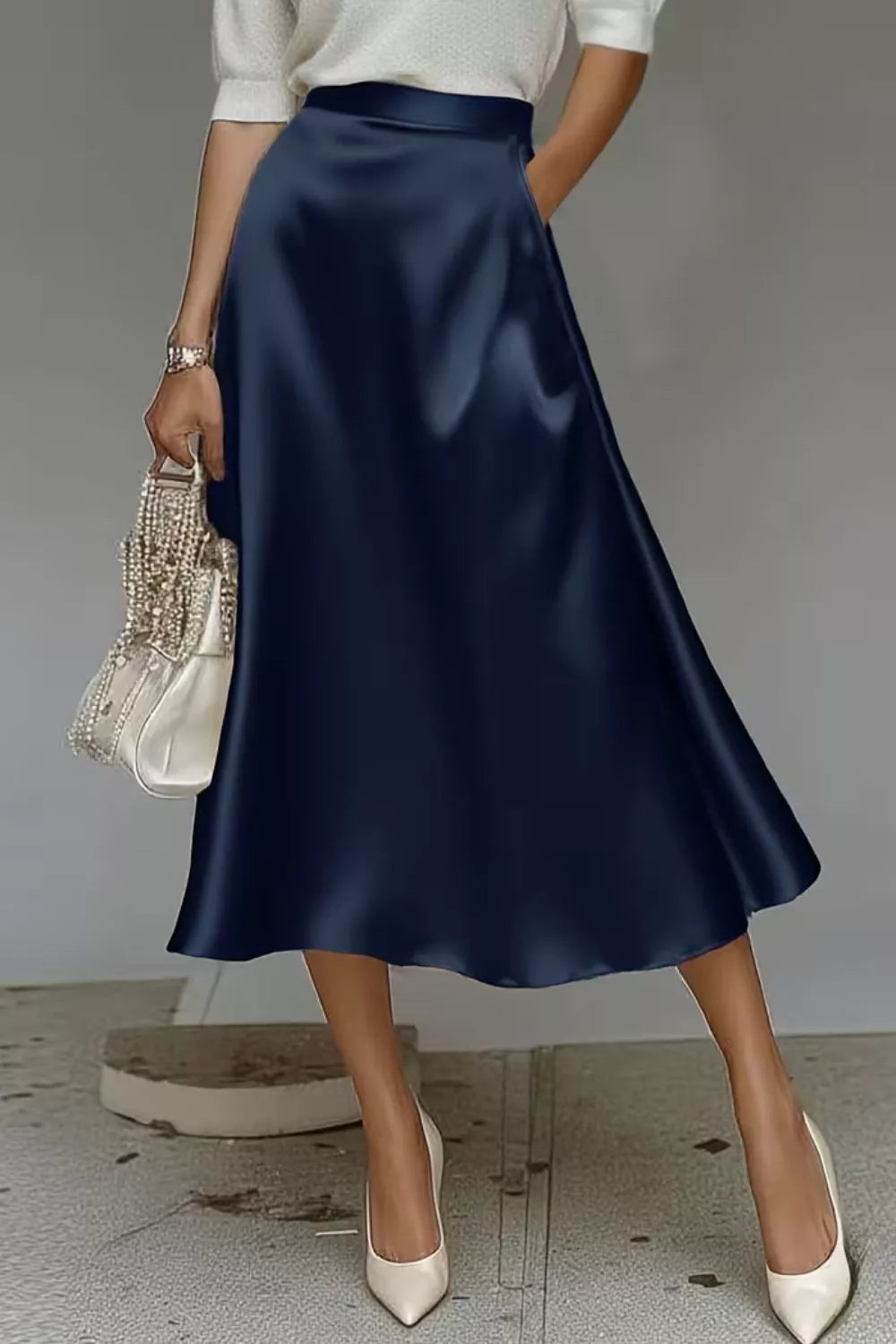 Satin A-Line Midi Skirt - Navy - View 15
