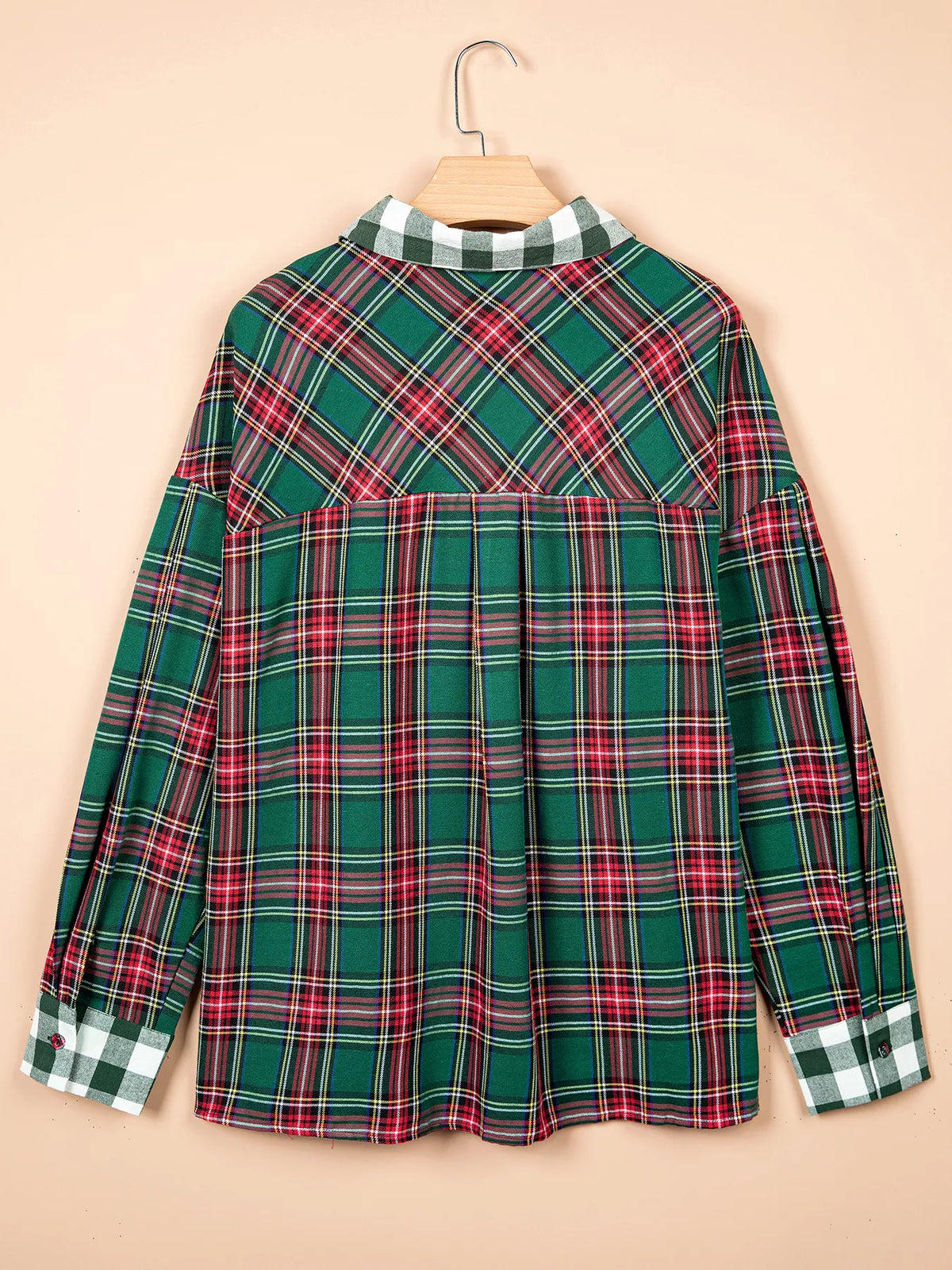 Plus Size Plaid Long Sleeve Shift Shirt - Dark Green - View 4