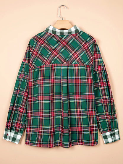 Plus Size Plaid Long Sleeve Shift Shirt - Dark Green - View 4