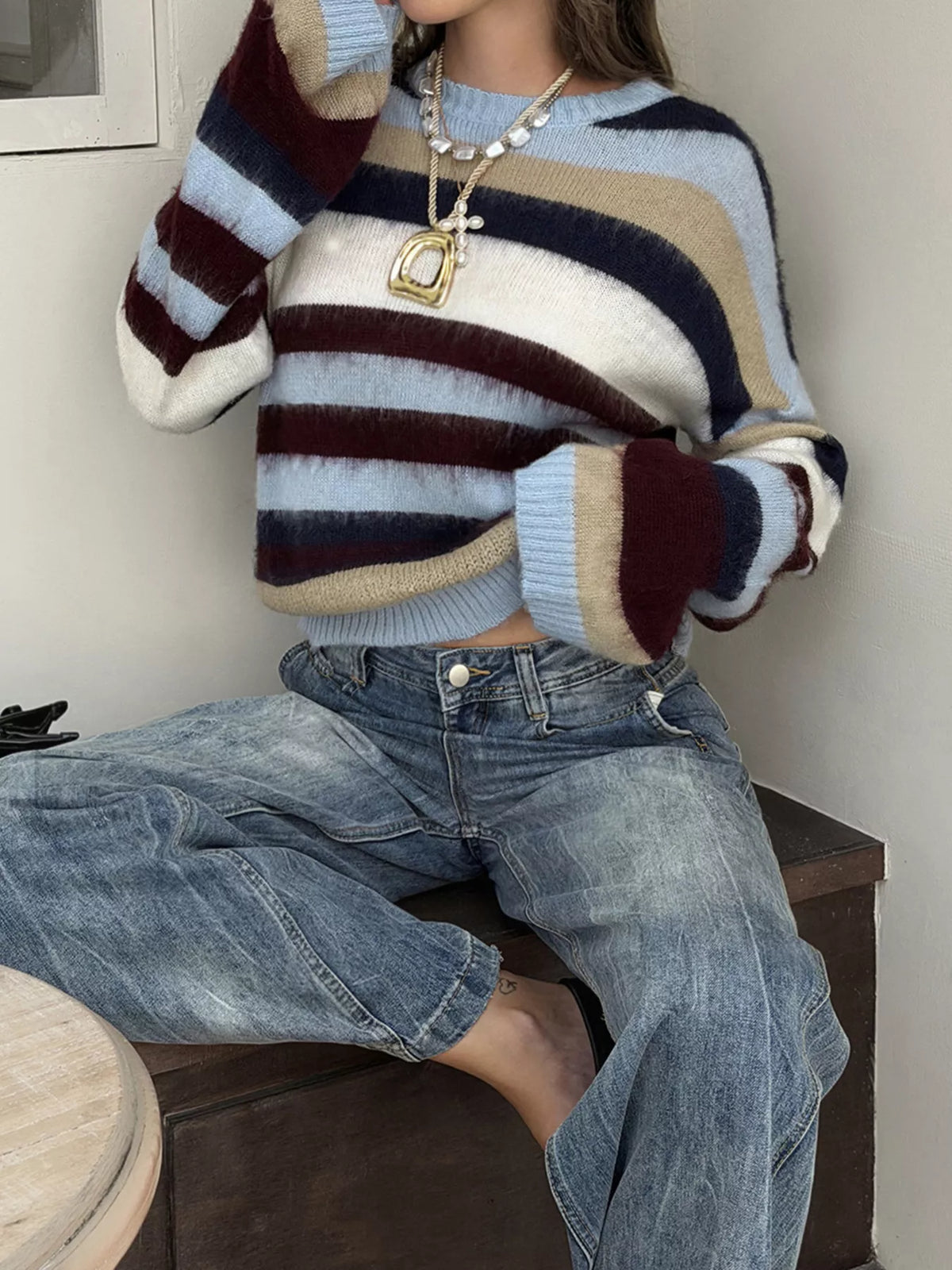 Multi-Color Striped Fuzzy Sweater - Colorful Stripes - View 4