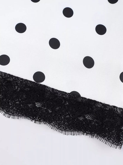Polka Dot Midi Skirt with Lace Trim - White - View 18