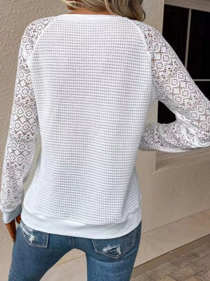 Waffle Knit Lace Sleeve T-Shirt - White - View 3