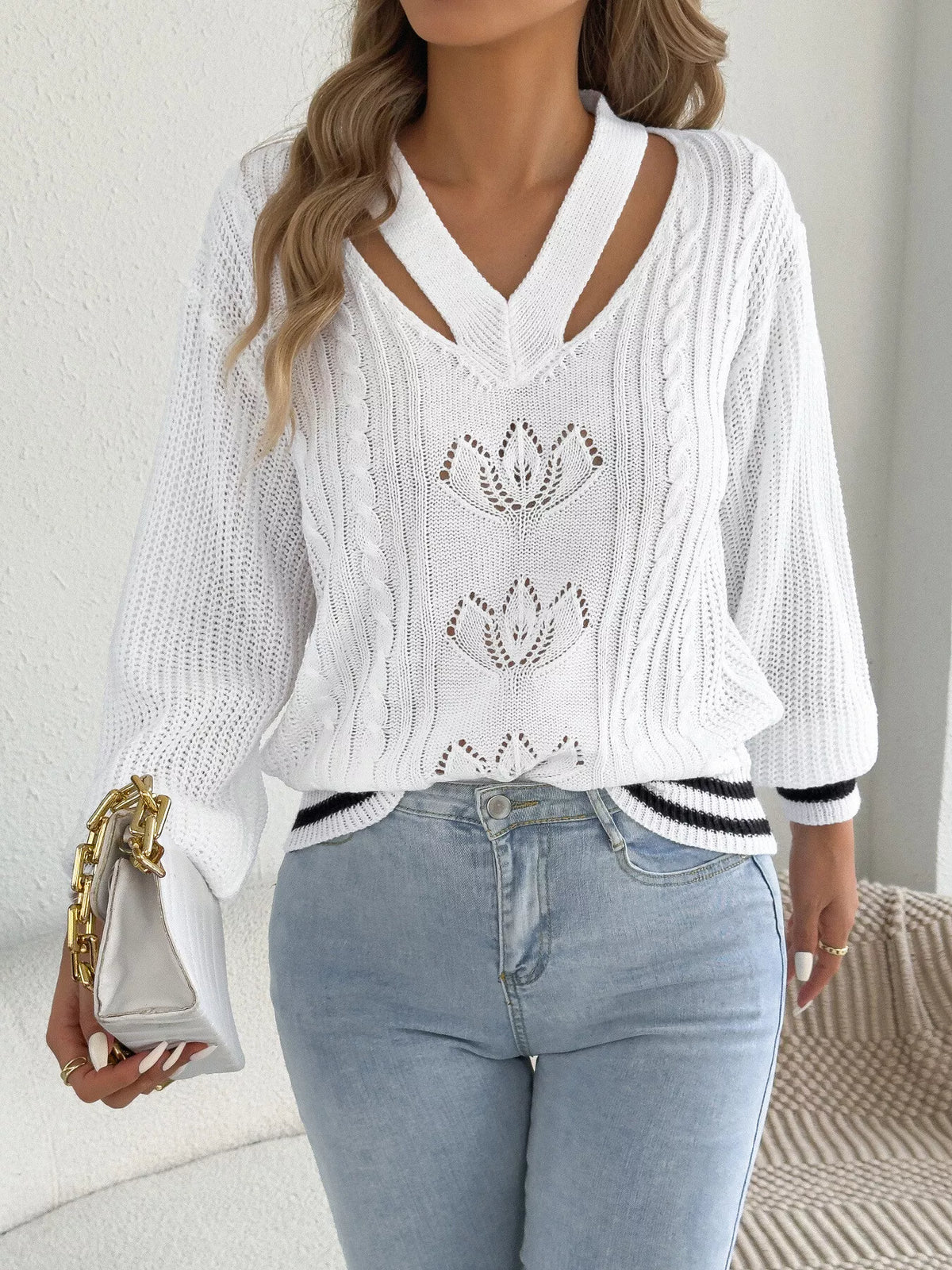 Cutout Cable Knit Sweater - White - View 4