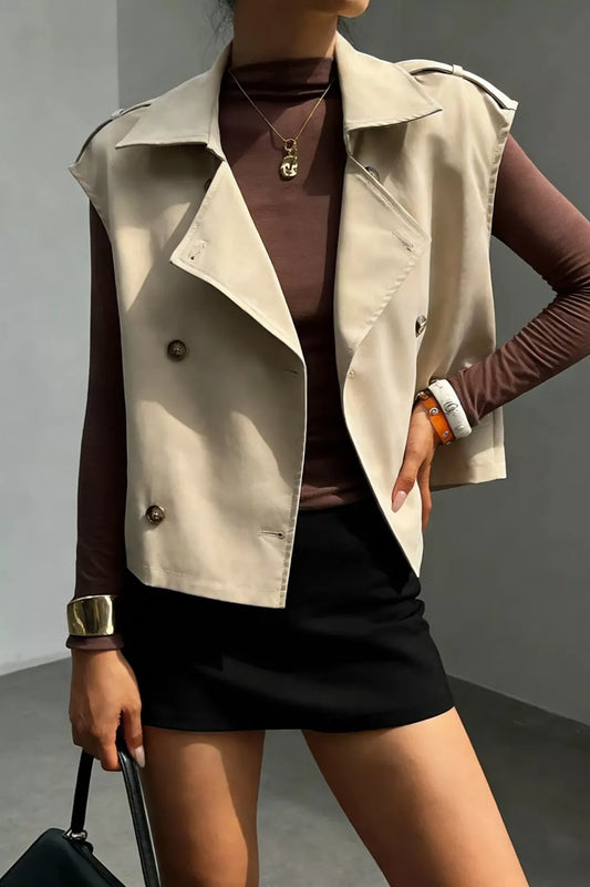 Double-Breasted Cropped Trench Vest Coat - Beige - View 2