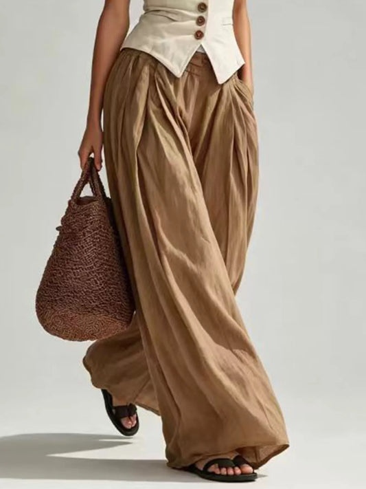 High-Waisted Pleated Wide-Leg Pants - Deep Khaki Color - View 1