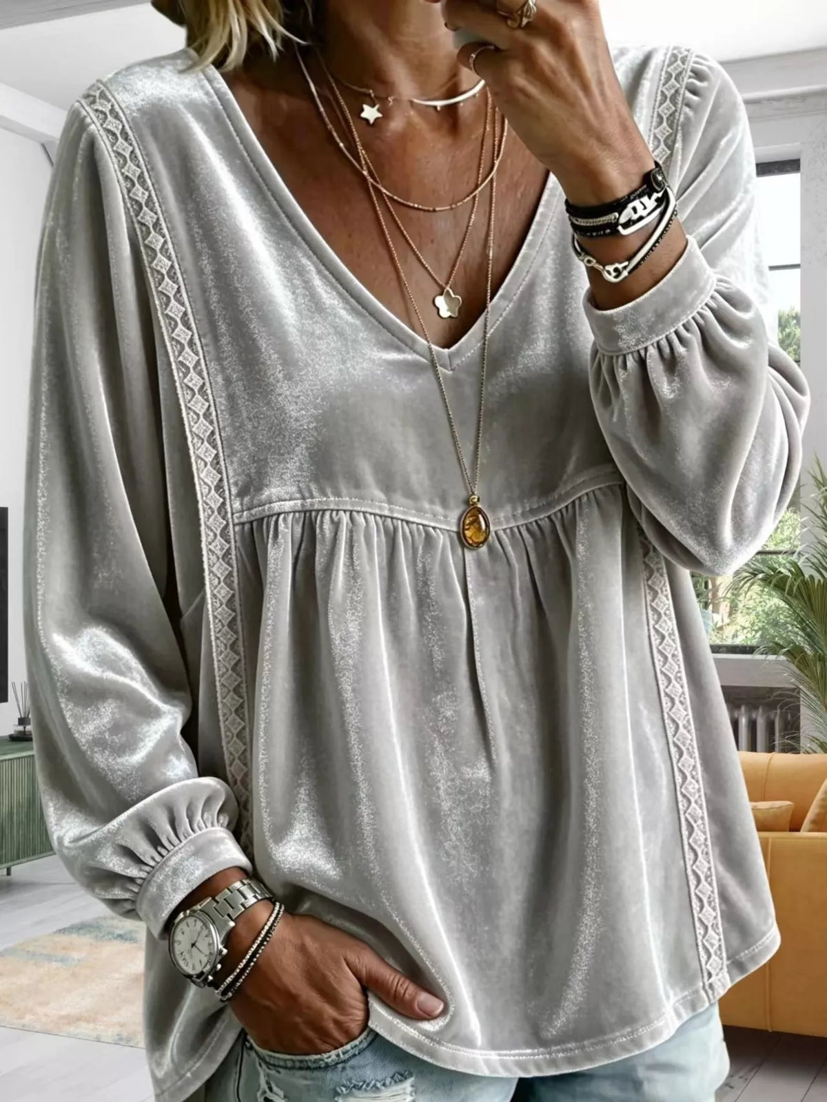 Full Size Velvet Lace Detail V-Neck Blouse Plus Size - Gray - View 11