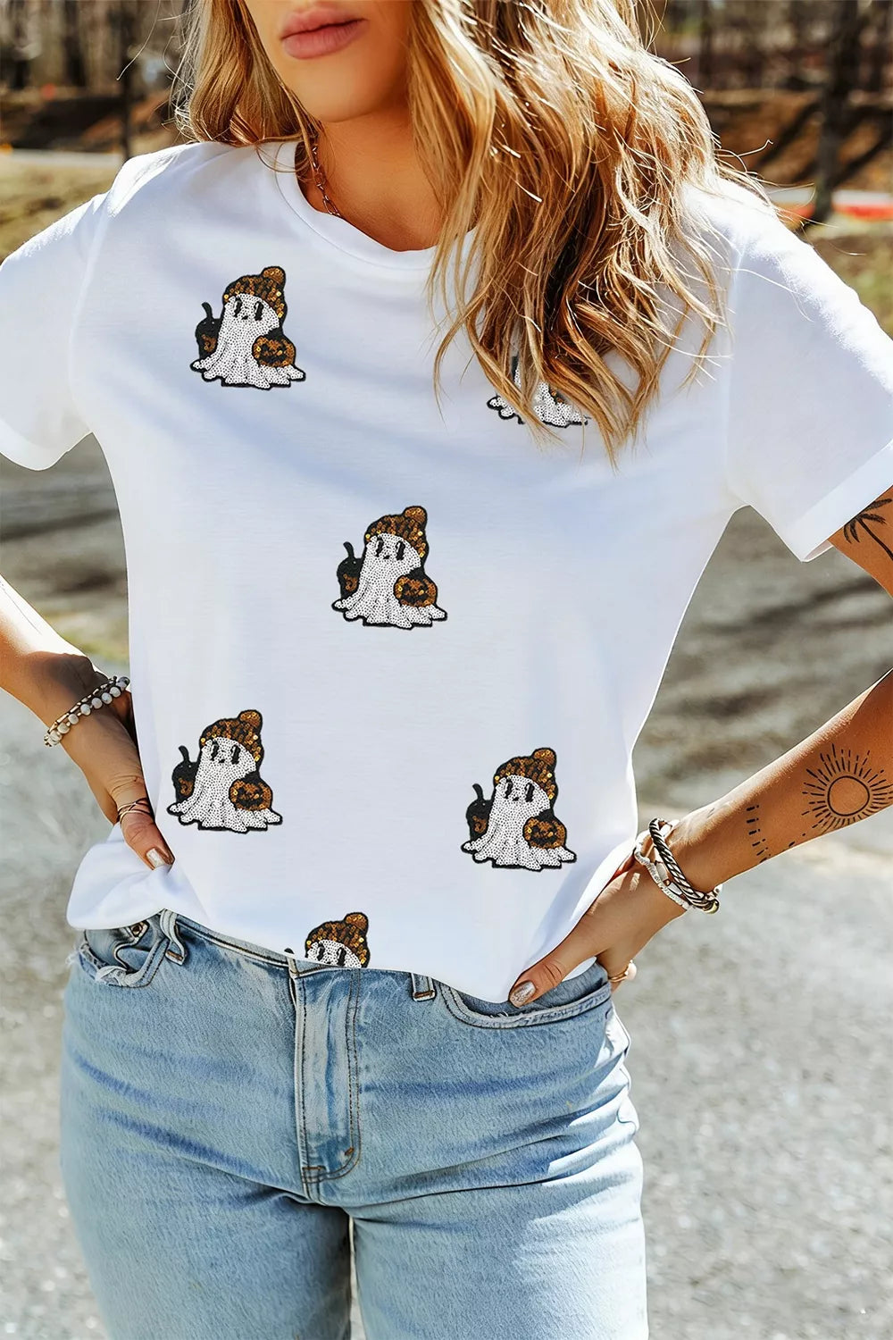 Full Size Halloween Sequin Ghost Print Short Sleeve Casual T-Shirt Plus Size - All Colors - View 2