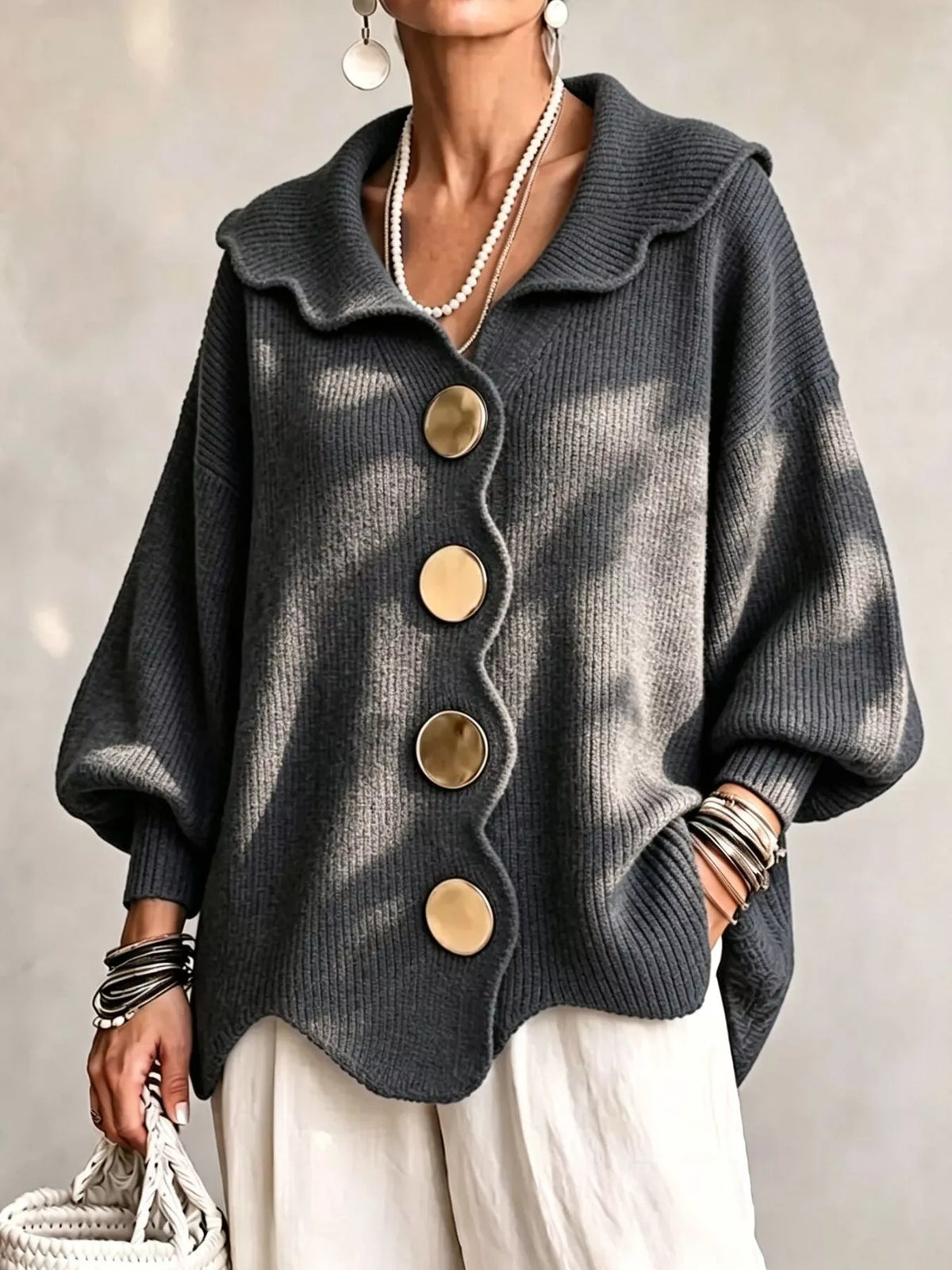 Full Size Scalloped-Edge Button-Down Cardigan Plus Size - Dark Gray - View 1