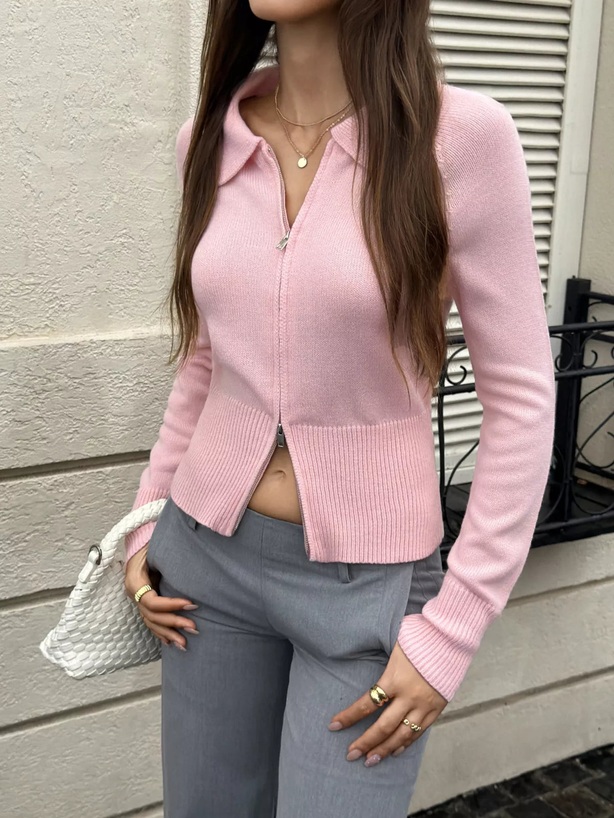 Zip-Up Raglan Sleeve Cardigan - Pink - View 1