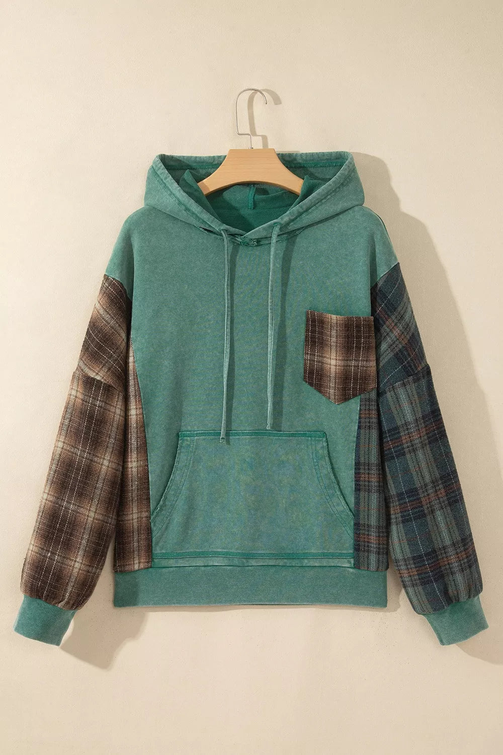 Plaid Kangaroo Pocket Hoodie - Sage - View 3