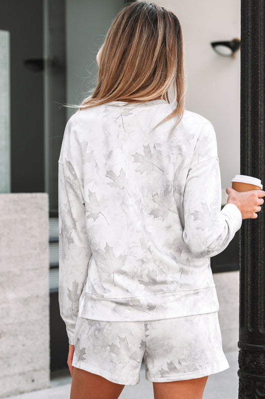 Beige Maple Camo Print Pullover Top and Elastic Waist Casual Short Set - Beige - 2