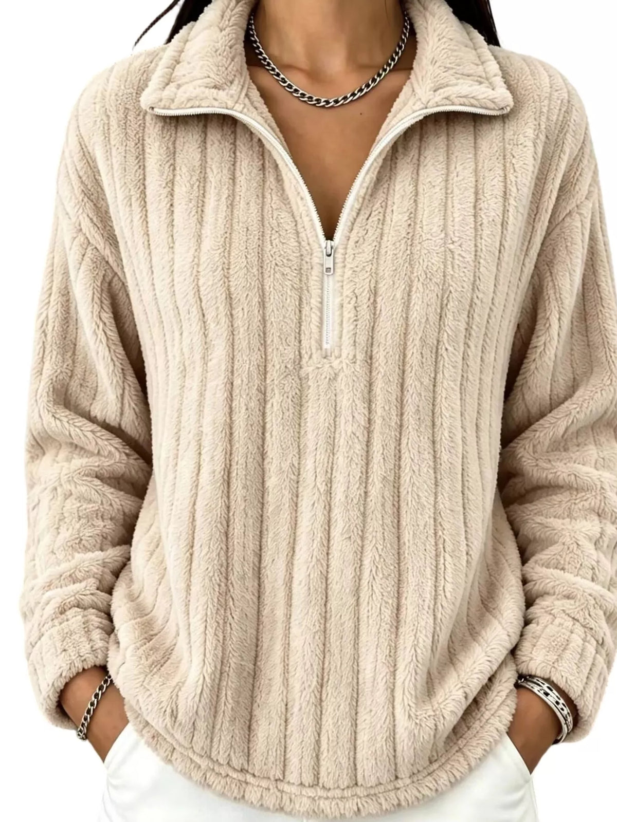 Quarter-Zip Dropped Shoulder Sweatshirt - Beige - View 1