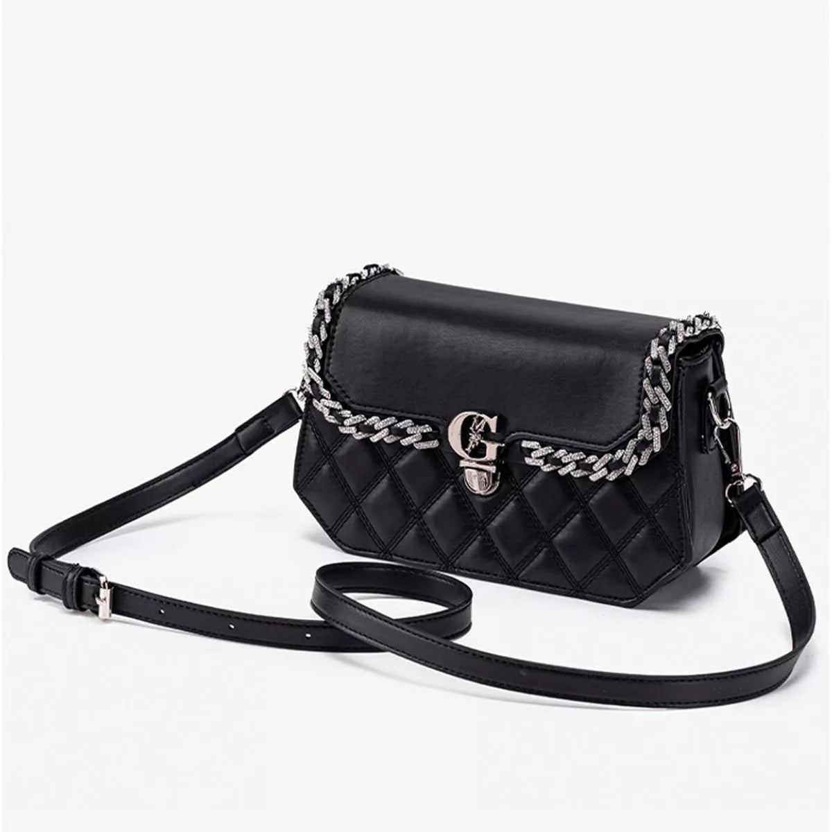 Quilted PU Leather Crossbody Bag with Rhinestone Decor - Black - View 5