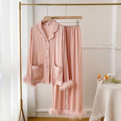 Lady's Luxurious Feather Ice Silk PajamasAutumn Elegant Satin Home Wear Suitable for Outerwear, Spring and Autumn