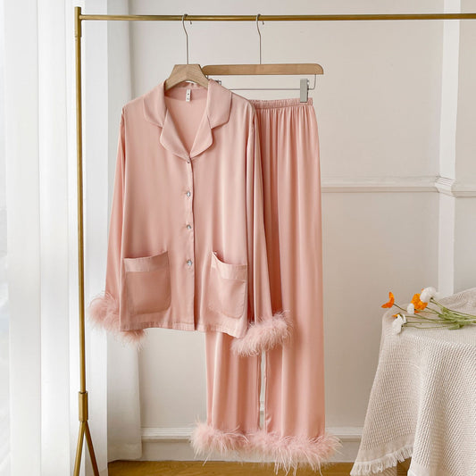 Lady's Luxurious Feather Ice Silk PajamasAutumn Elegant Satin Home Wear Suitable for Outerwear, Spring and Autumn