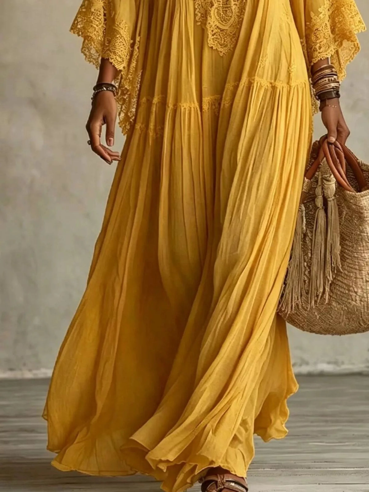 Lace Trim V-Neck Maxi Dress - Mustard - View 3