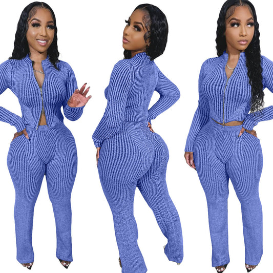 Fashionable Casual Women's Knit Sweater with Two-Way Zipper Urban  Autumn/Winter Outfit Set