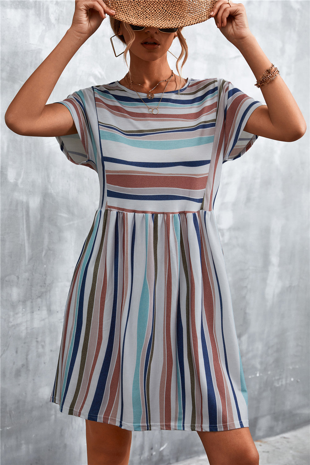 Striped Round Neck Dress - Caramel - View 16