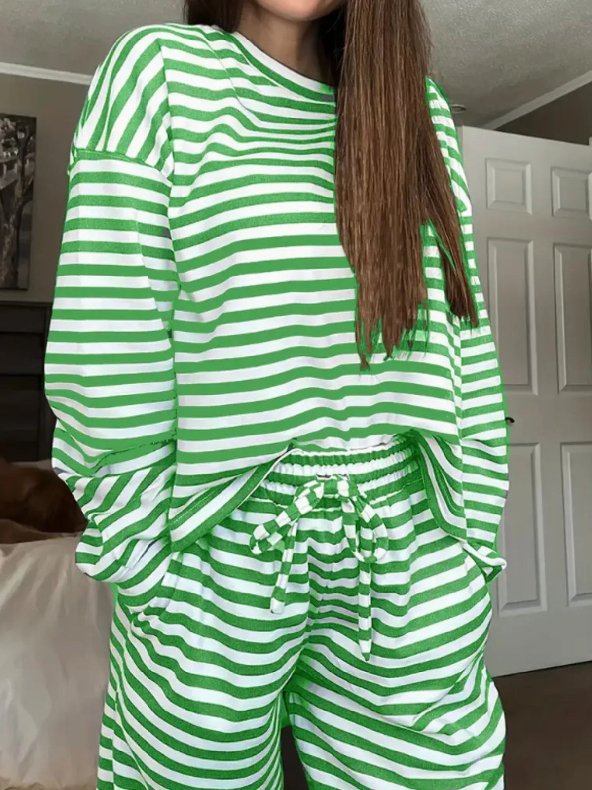 Striped Long Sleeve Top and Pants Set - Green - View 1