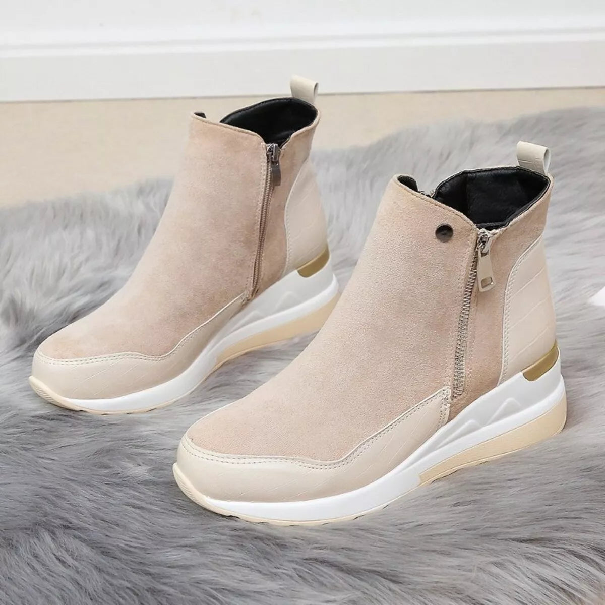 Side Zipper Ankle Boots - Beige - View 7