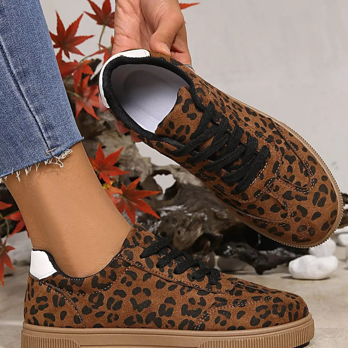 Leopard Lace Up Sneakers - Brown - View 5