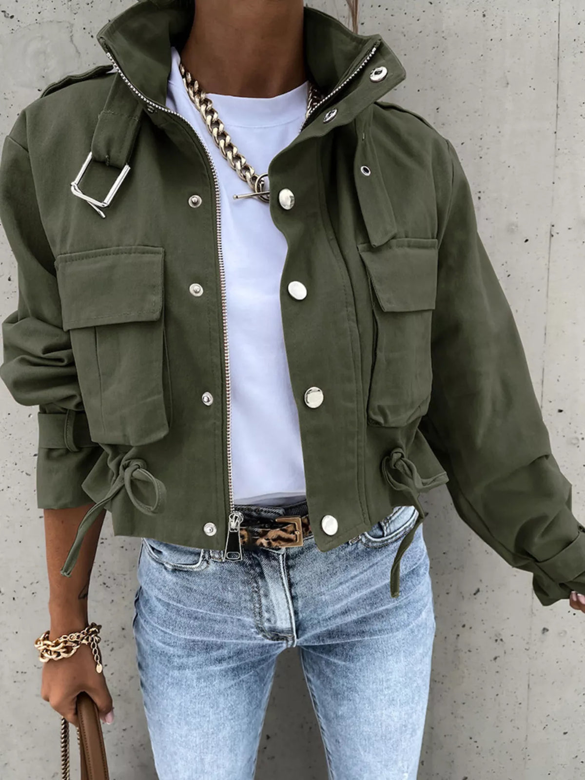 Snap Down Cropped Jacket - Moss - View 1