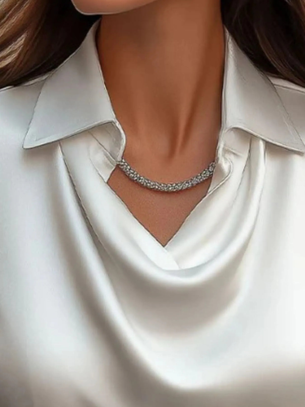 Satin Collar Long Sleeve Blouse - White - View 5