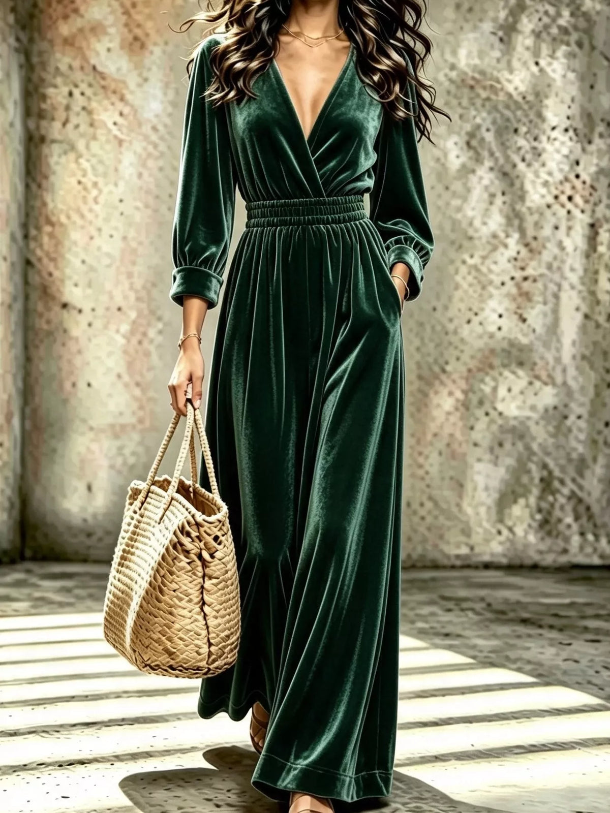 Velvet Surplice Long Sleeve Jumpsuit - Dark Green - View 1