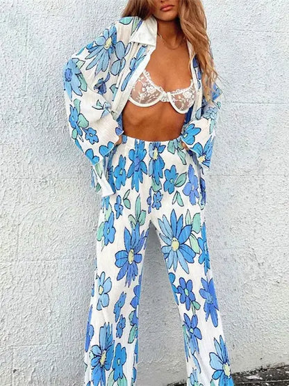 Print Pleated Suit Women Lapel Long Sleeve Shirt Top And High Wasit Pants Set Elegant Casual Pants Outfits Two Piece Set