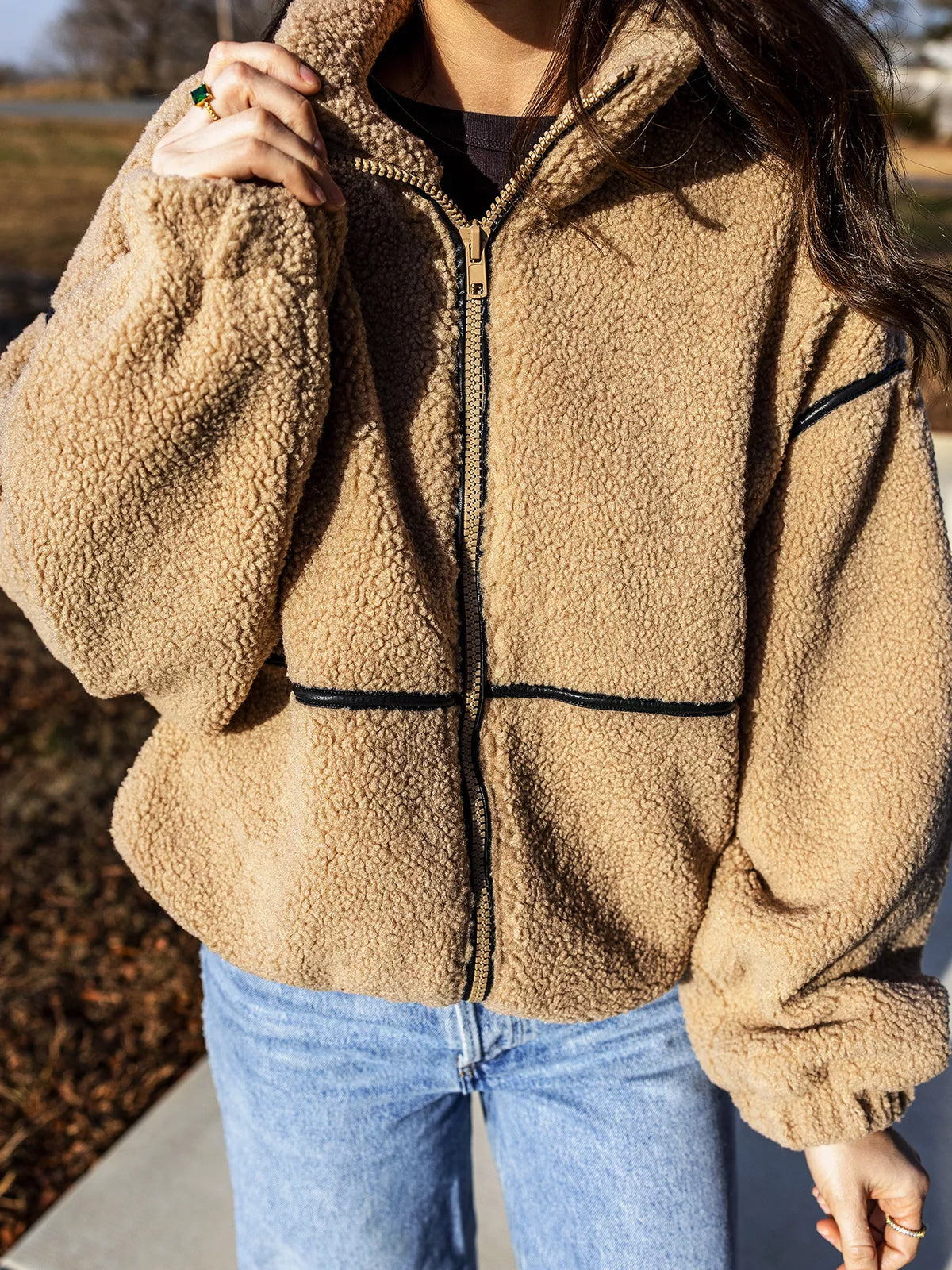 Drop Shoulder Collar Long Sleeve Fleece Regular Fit Jacket - Camel - View 1