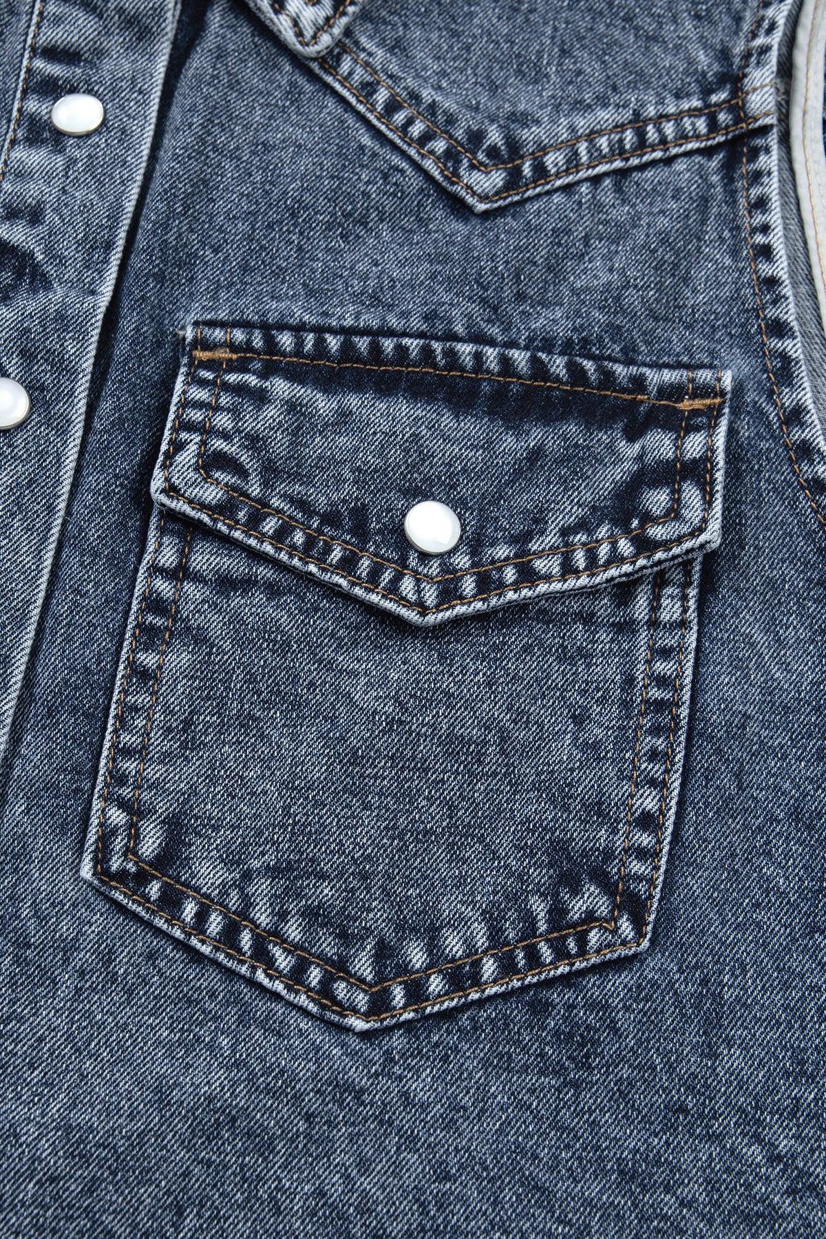 Ashleigh Blue Solid Denim Button Front Pocket Sleeveless Cowboy Vest - Ashleigh Blue - 15