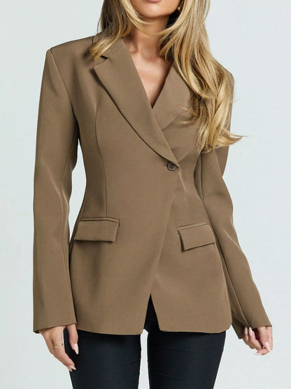 Lapel Collar One Button Blazer - Brown - View 1