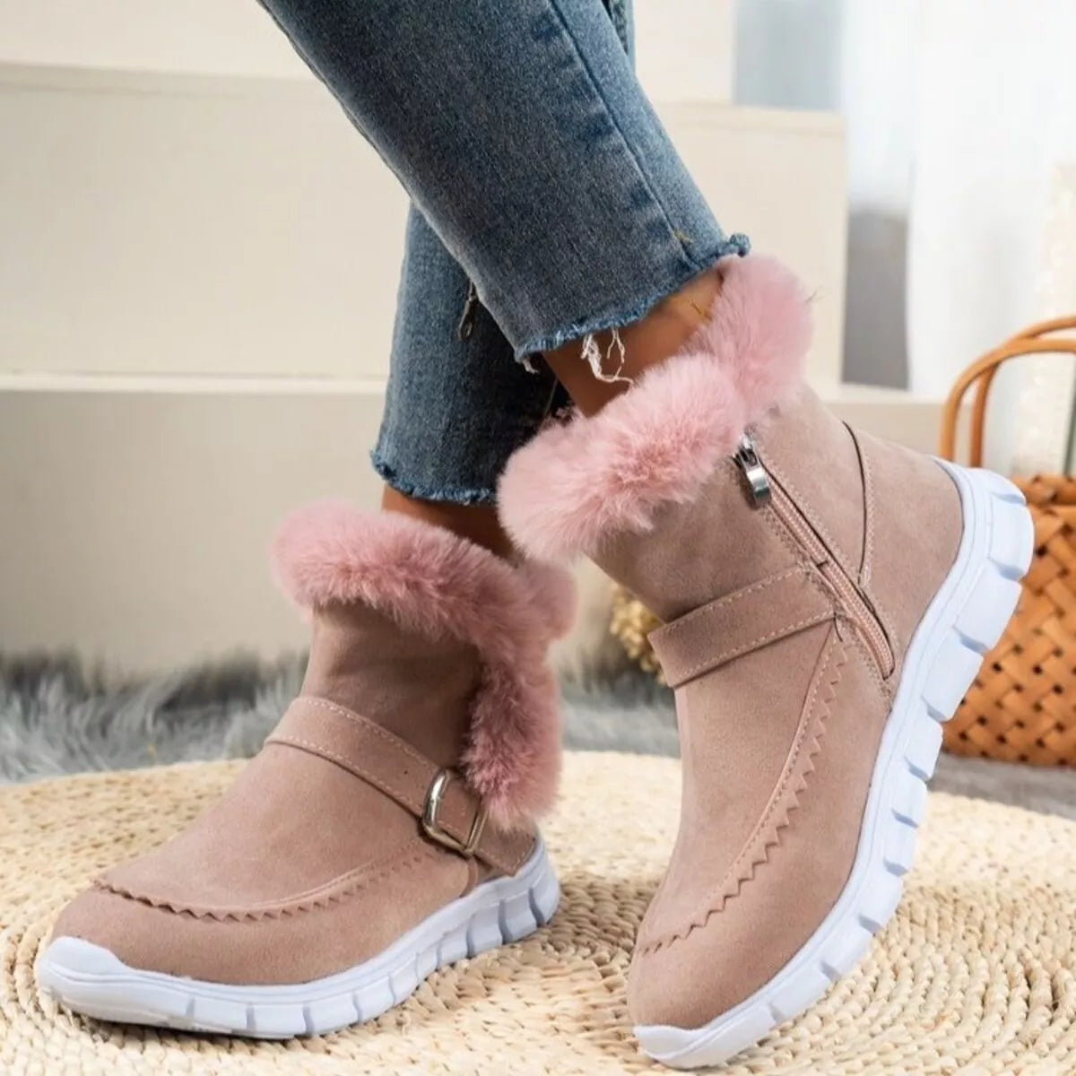 Fuzzy Trim Buckle Boots - Dusty Pink - View 1
