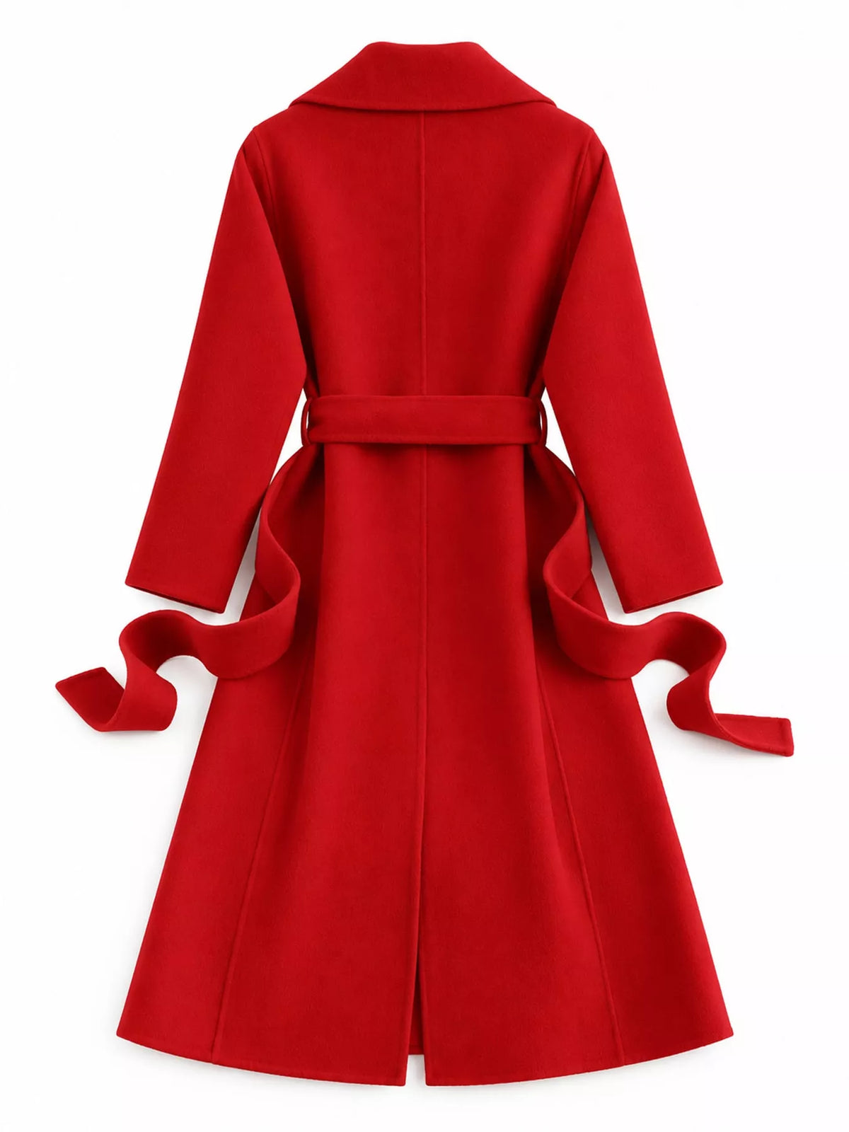 Longline Wool Coat with Waist-Defining Belt - Bright Red - View 8