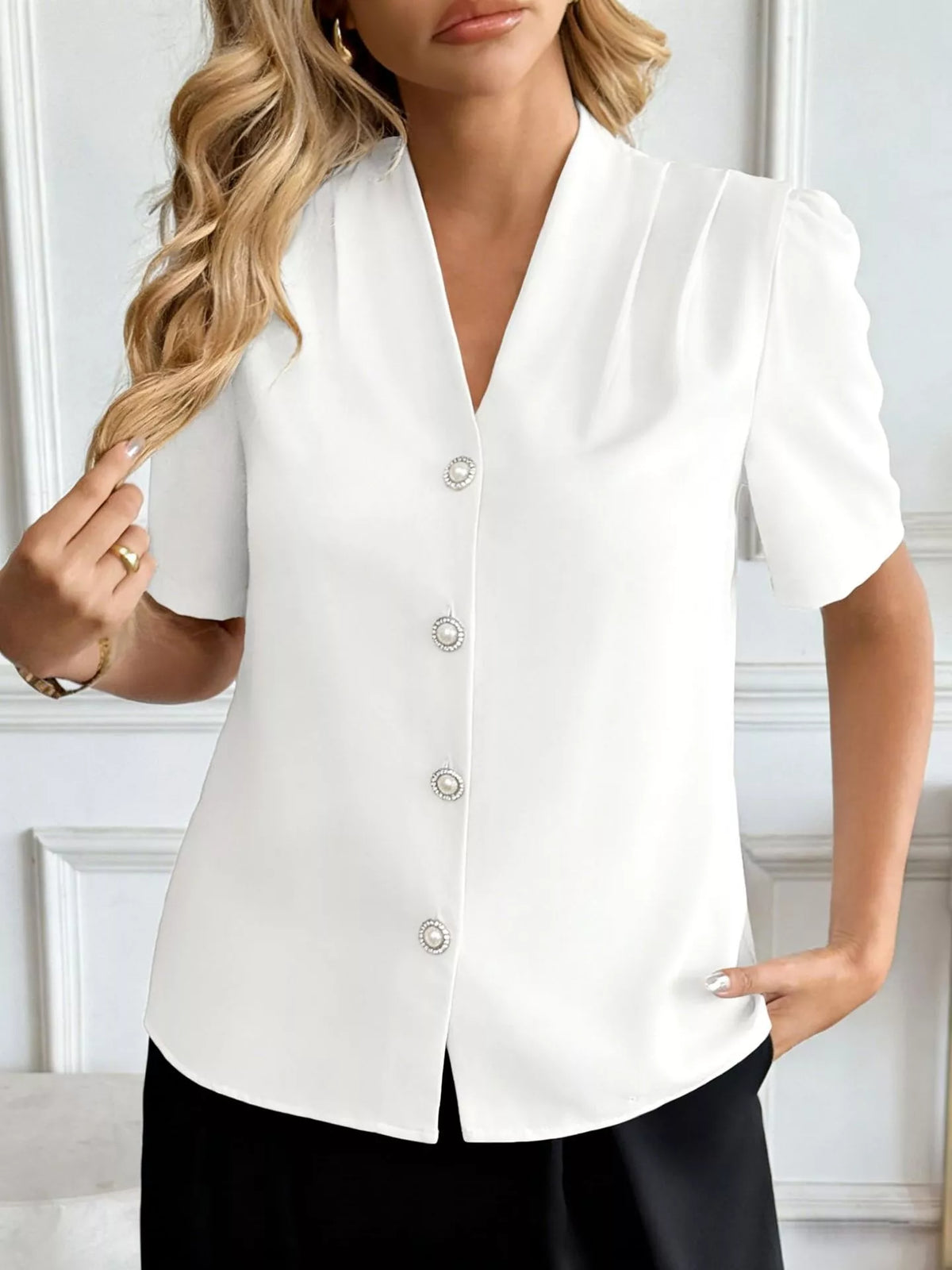 V-Neck Button-Down Shirt - White - View 25