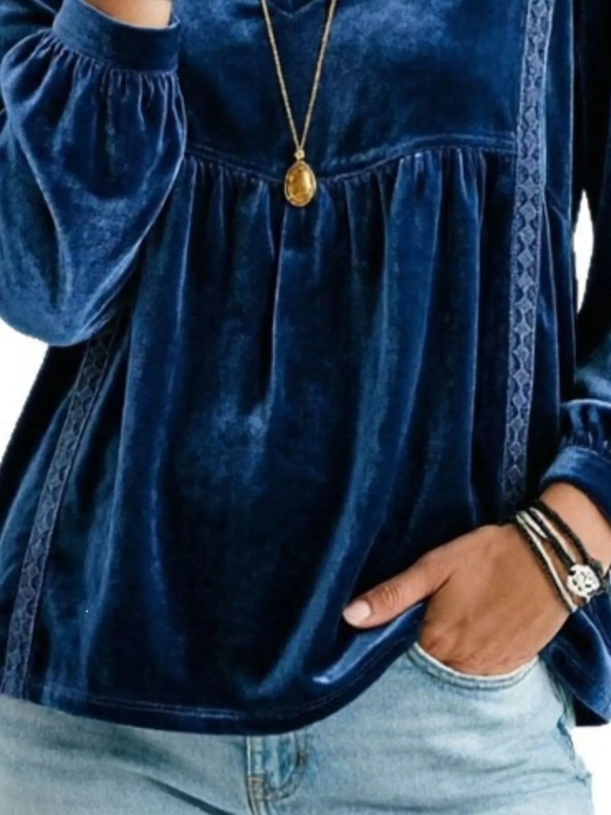 Full Size V-Neck Long Sleeve Velvet Blouse with Lace Trim Plus Size - Navy - View 3