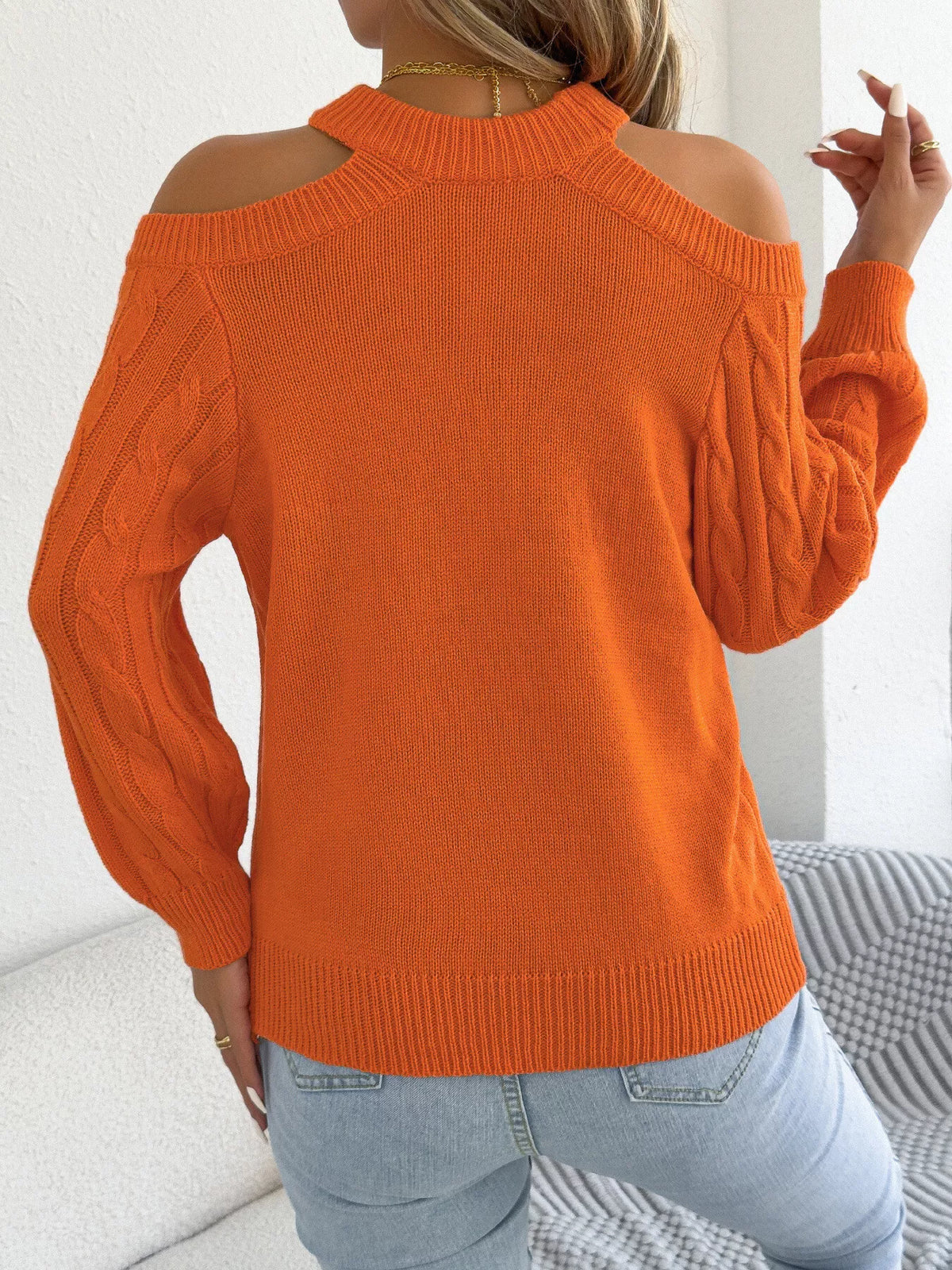 Cold Shoulder Cable Knit Sweater - Orange - View 7