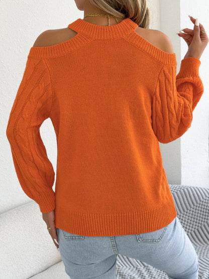 Cold Shoulder Cable Knit Sweater - Orange - View 7