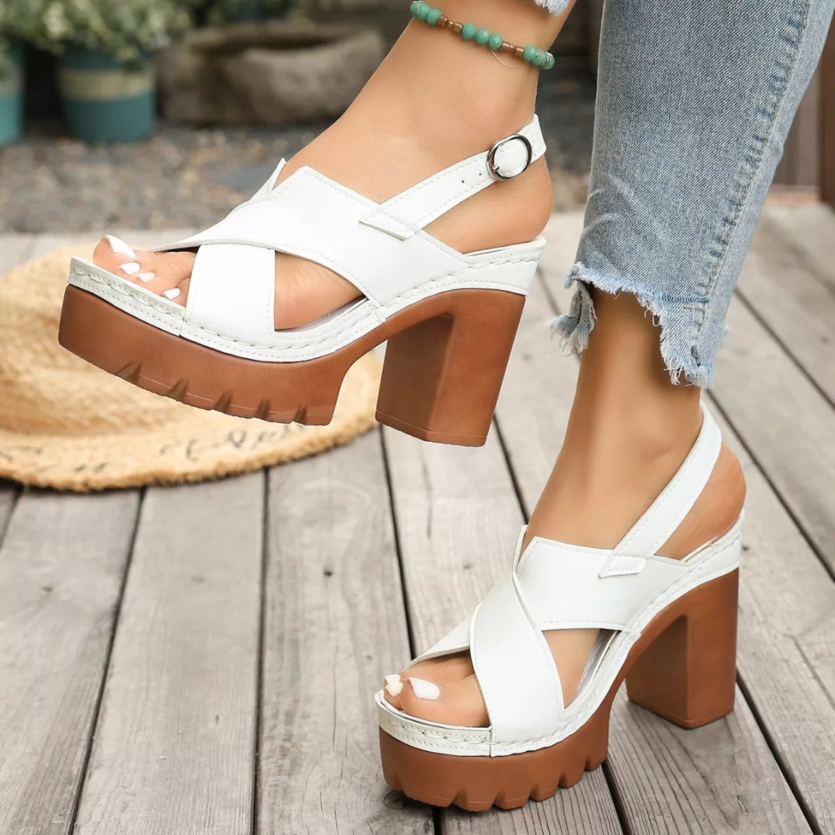 Open Toe Block Heels Sandals - Gray/white - View 11