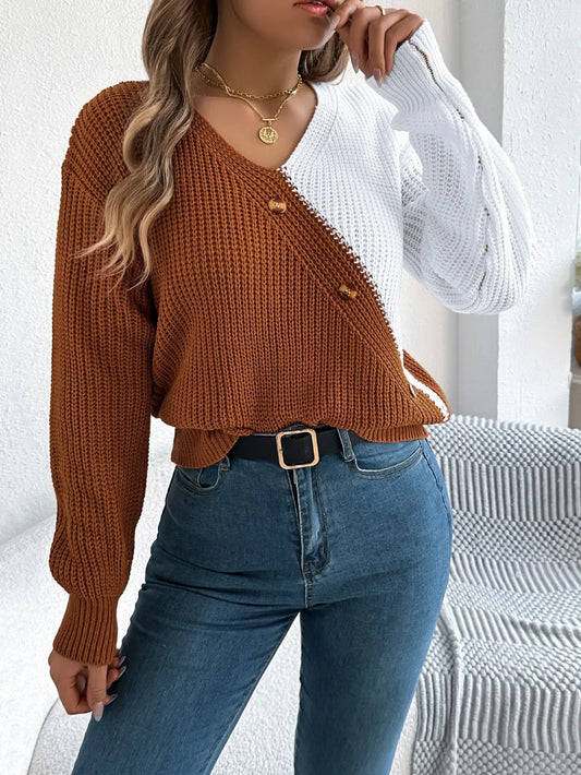 Two-Tone V-Neck Long Sleeve Sweater - product photo 2