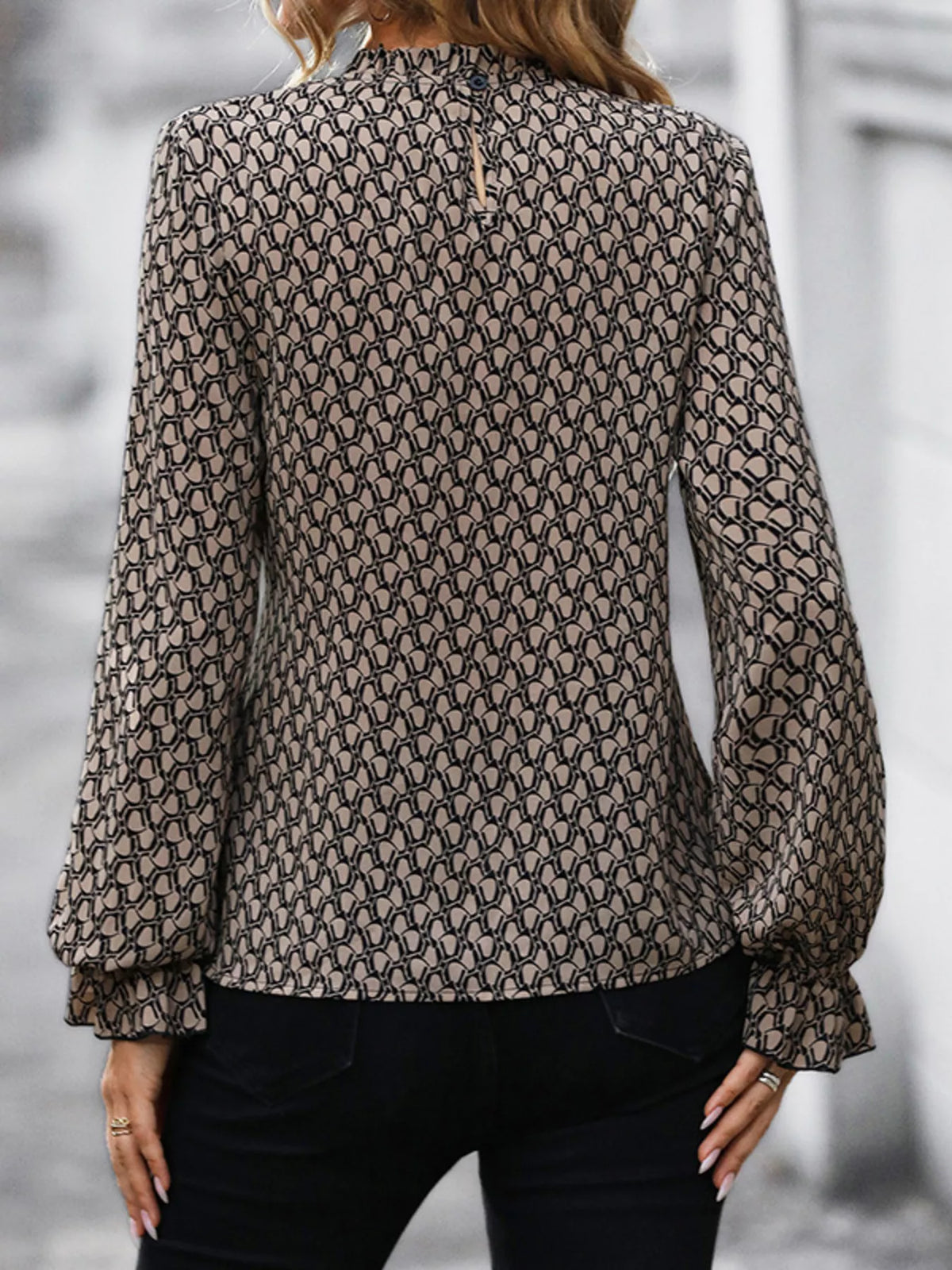 Printed Tie-Waist Flounce Sleeve Blouse - Khaki - View 4