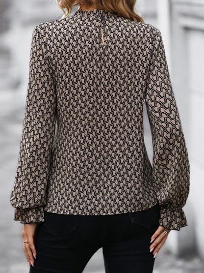 Printed Tie-Waist Flounce Sleeve Blouse - Khaki - View 4