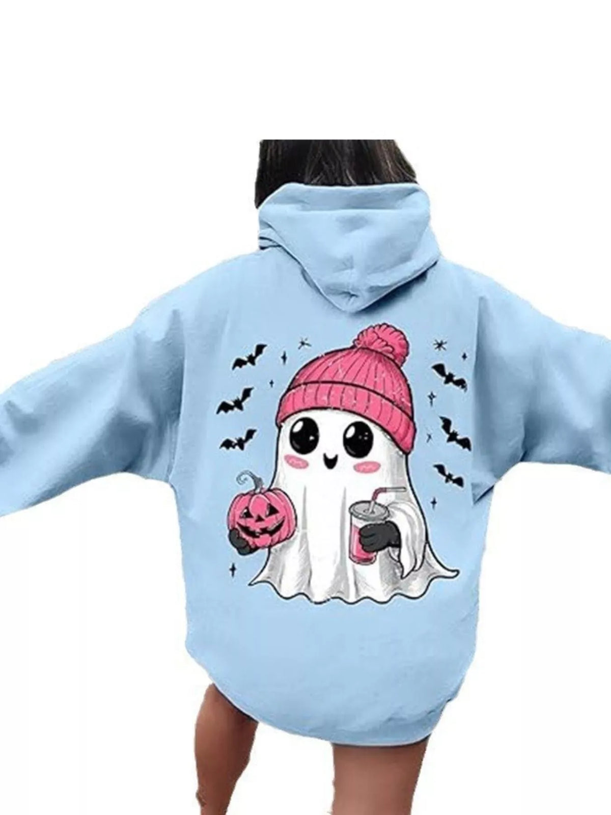 Full Size Halloween Graphic Long Sleeve Hoodie Plus Size - Light Blue - View 1