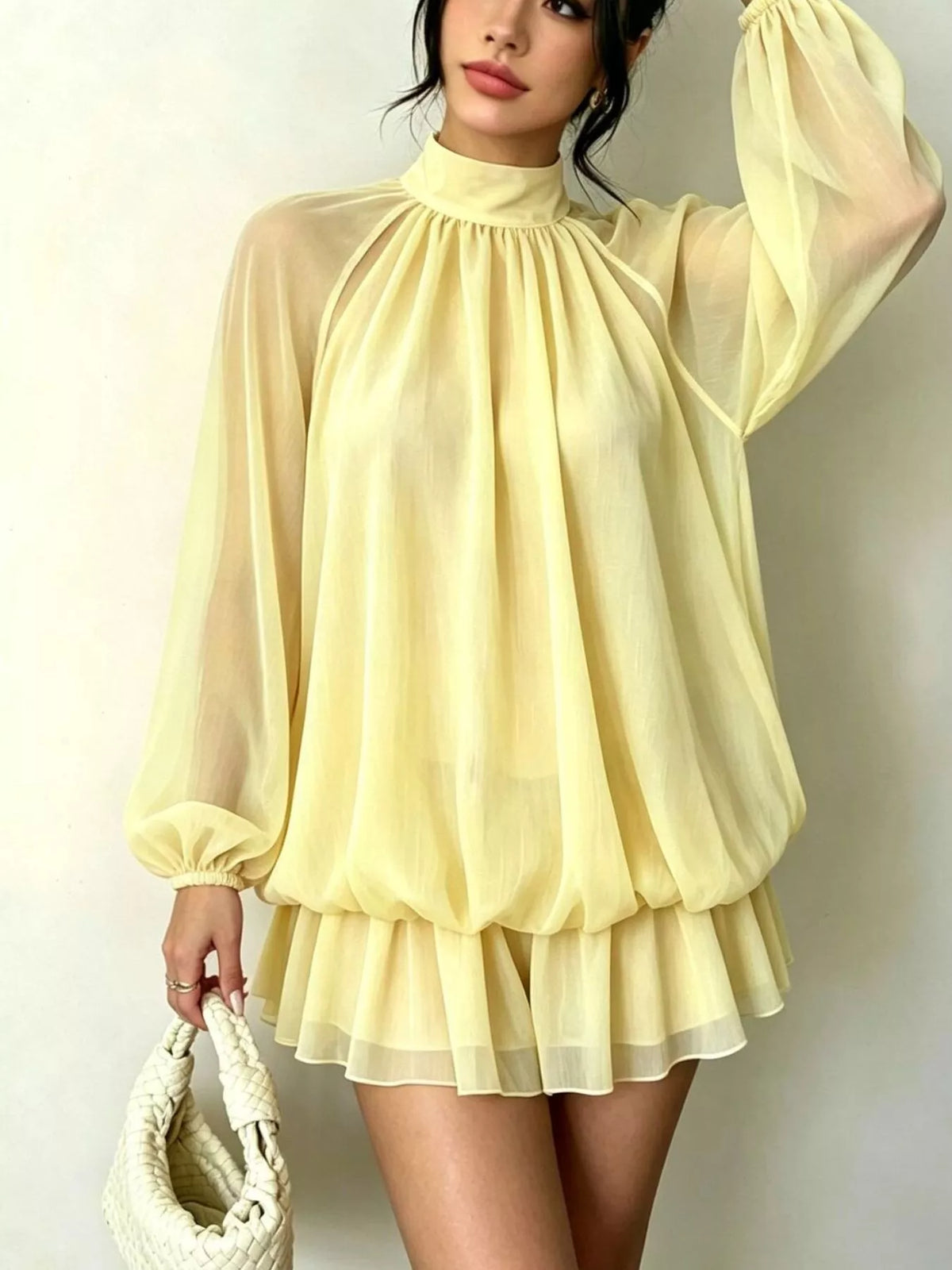Mock Neck Sheer Chiffon Mini Dress - Pastel Yellow - View 9