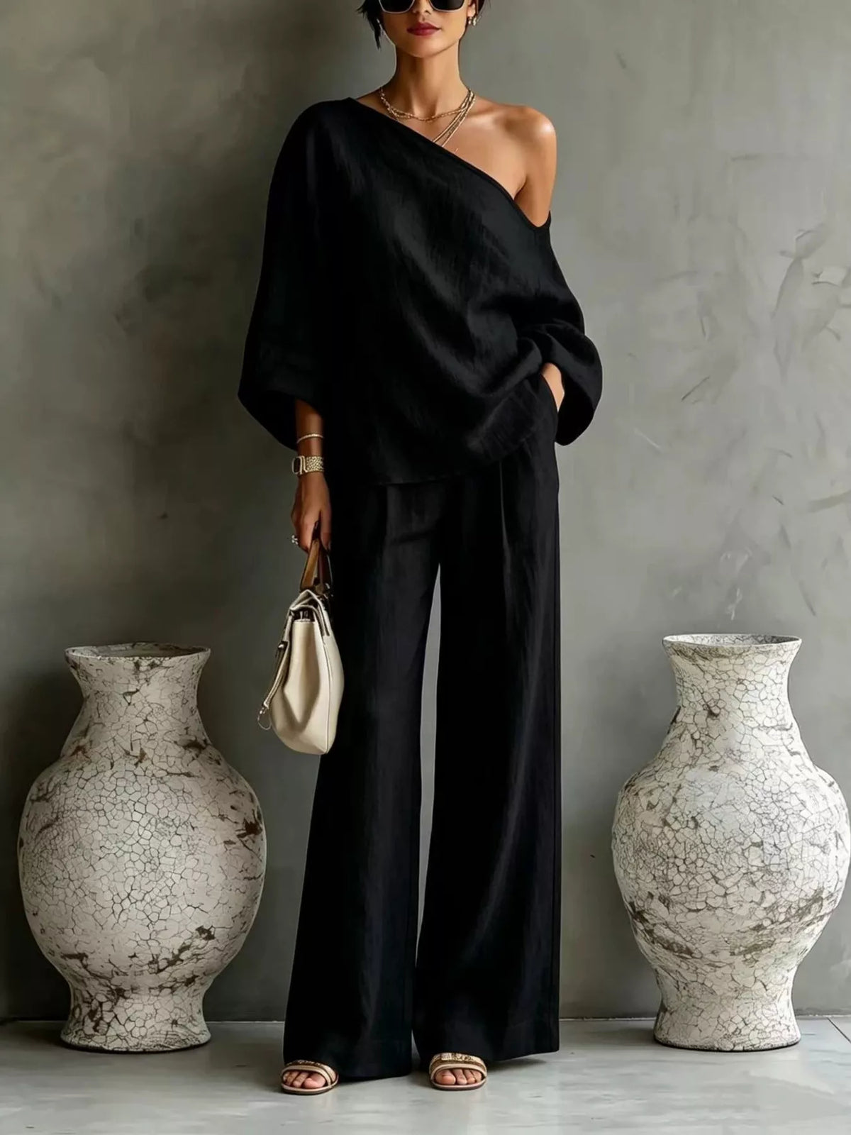 One Shoulder Top and Wide Leg Pants Set - Black - View 1