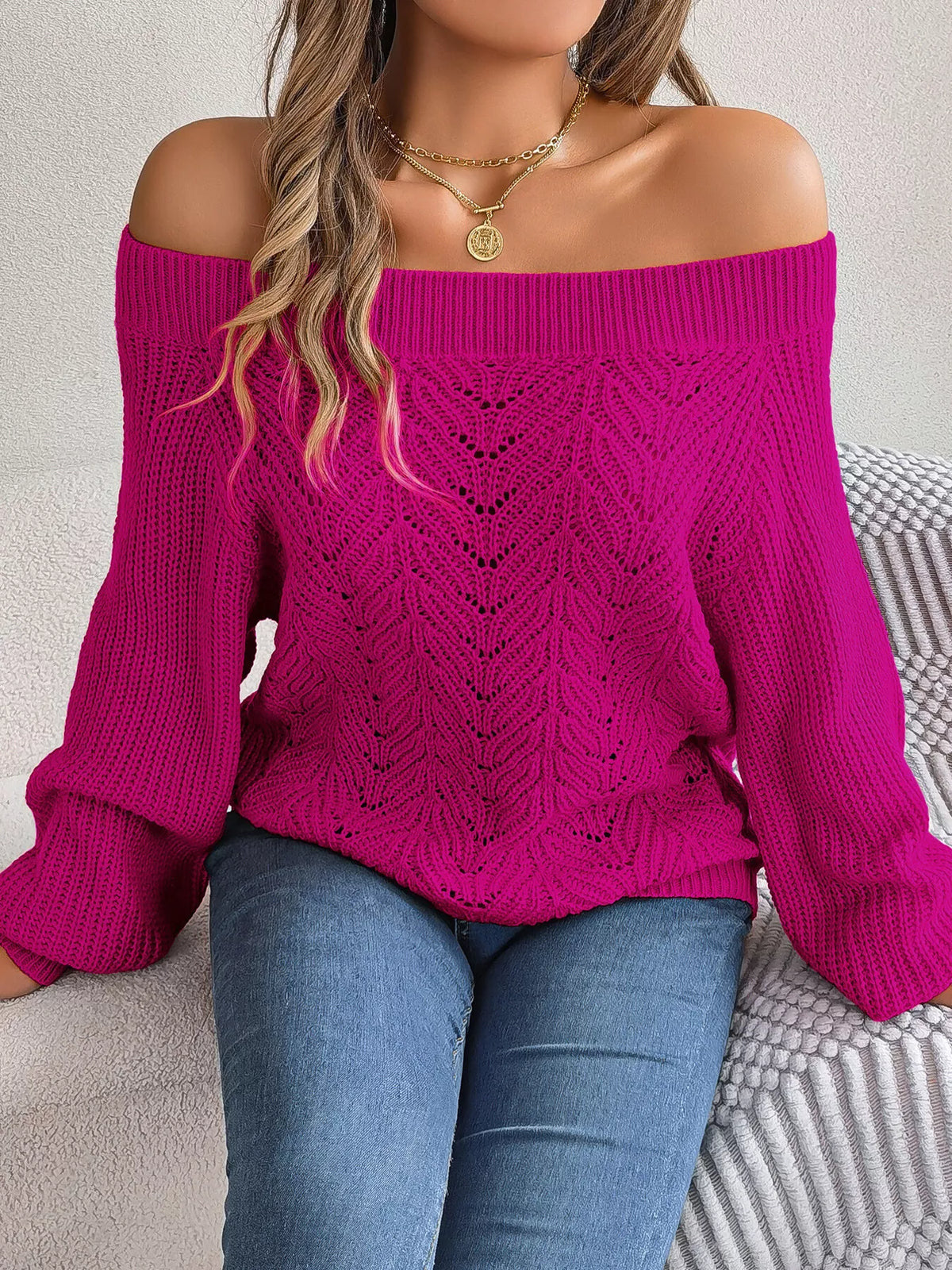 Openwork Off-Shoulder Sweater - Deep Rose - View 1