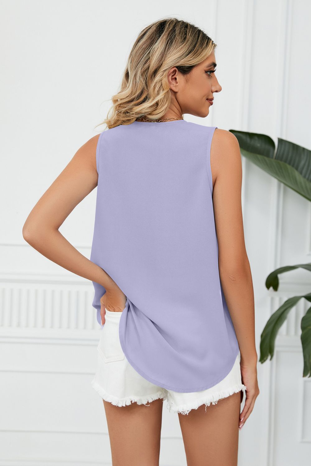 Contrast Trim Plunge Sleeveless Blouse - Periwinkle - View 9